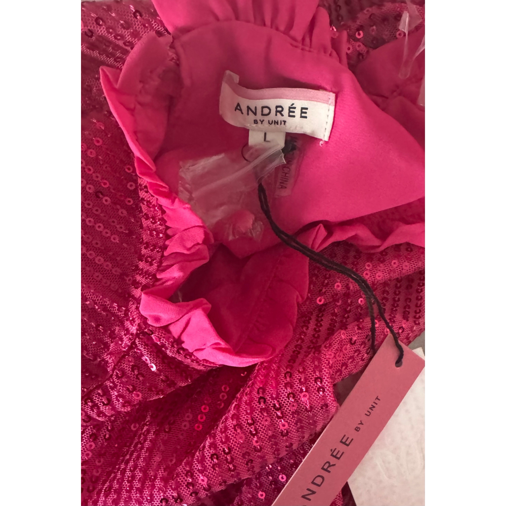 Women's Andre by Unit Hot Pink Sequin Ruffle Blouse Size L - Picture 5 of 6